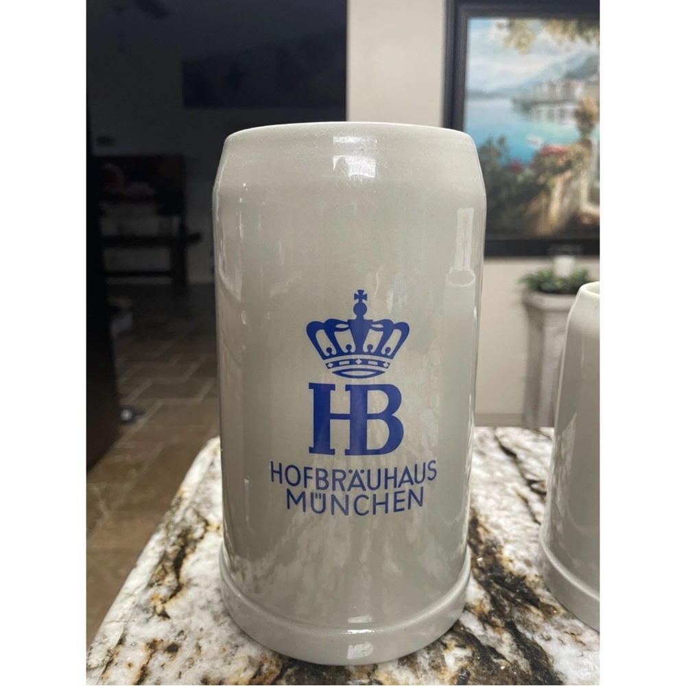 Set of 2 Gerz Stoneware 1L & 0.5L Gray and Blue Lettering Beer Steins - Picture 2 of 11